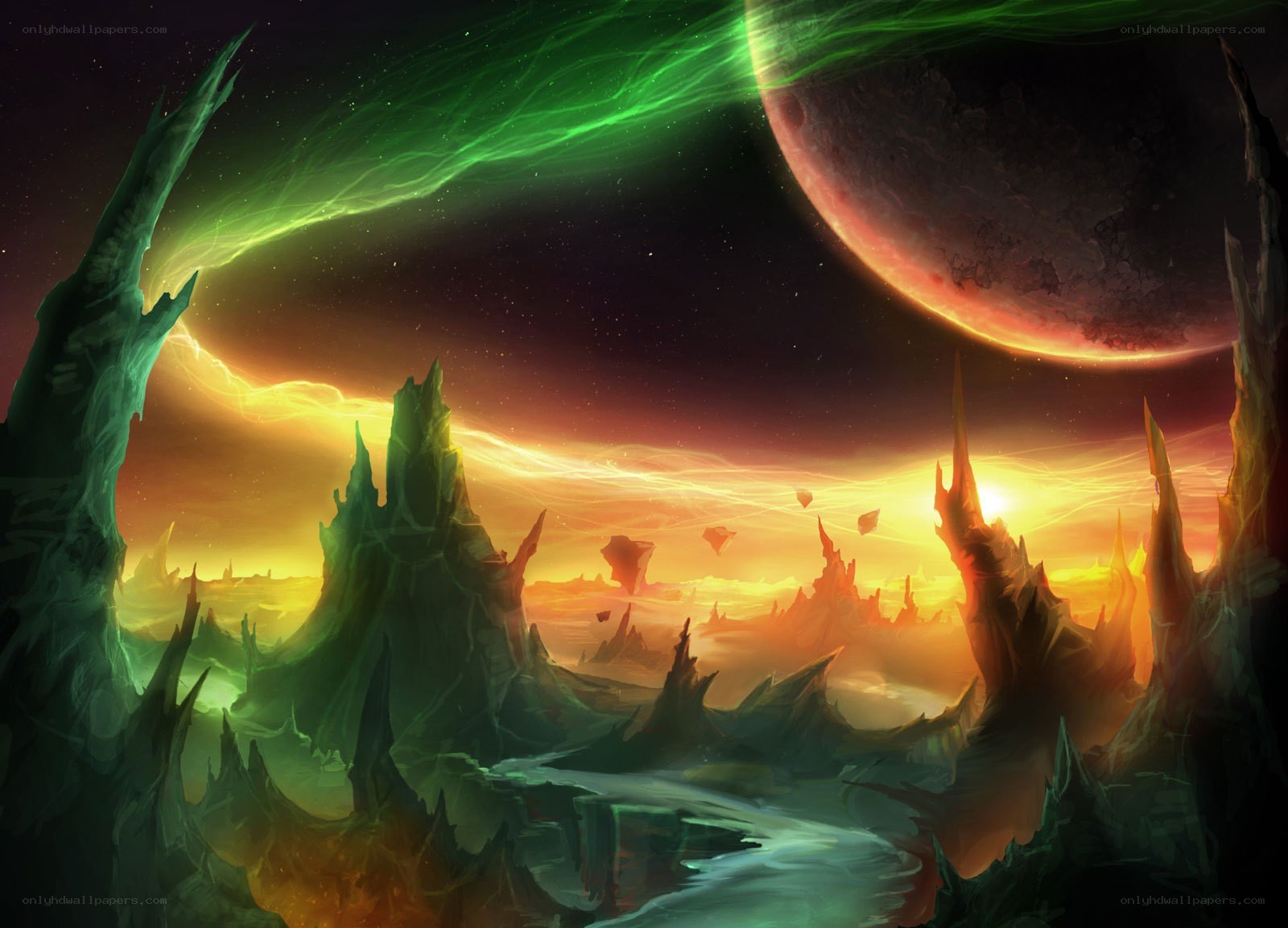 alien planet with green aurora