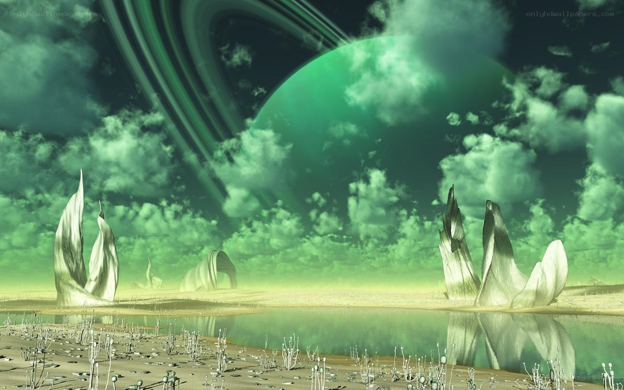 alien planet with green rings