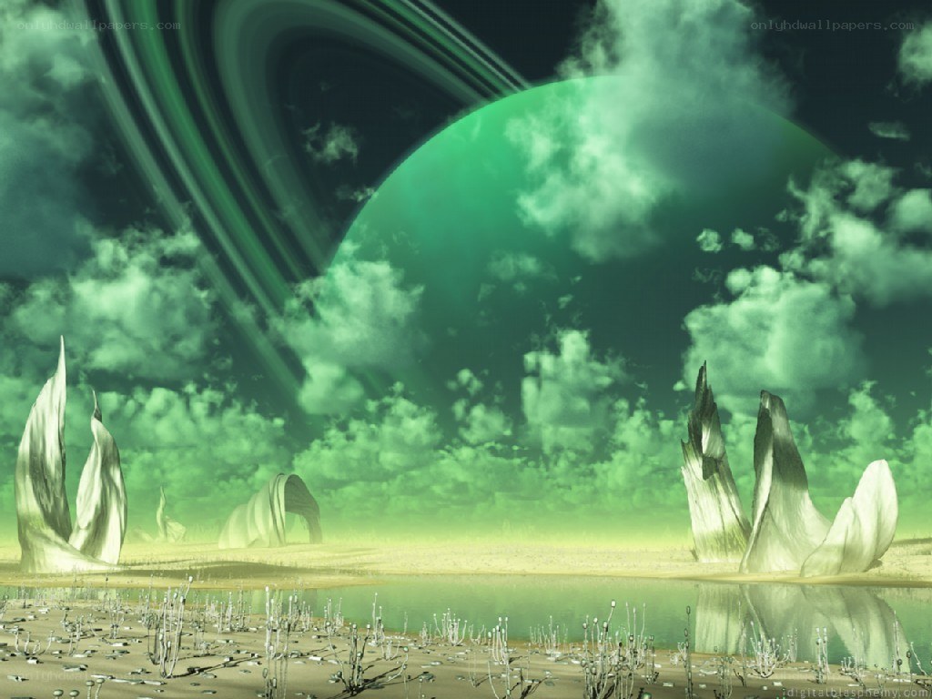 alien planet with green rings
