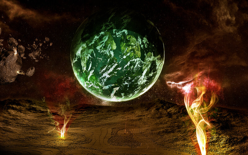 alien planet with green world