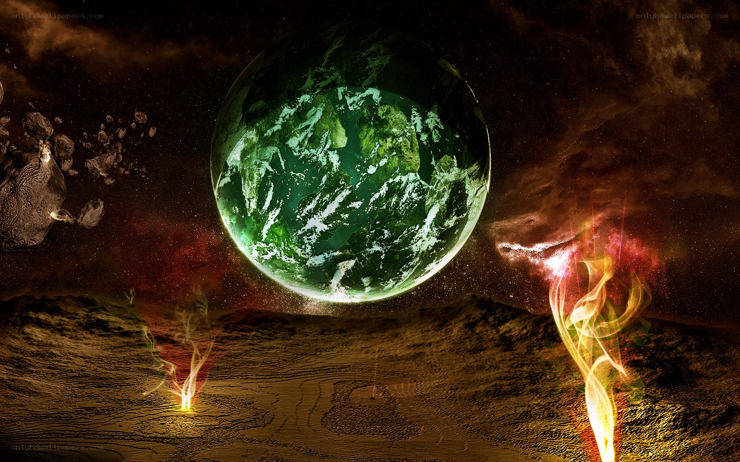 alien planet with green world
