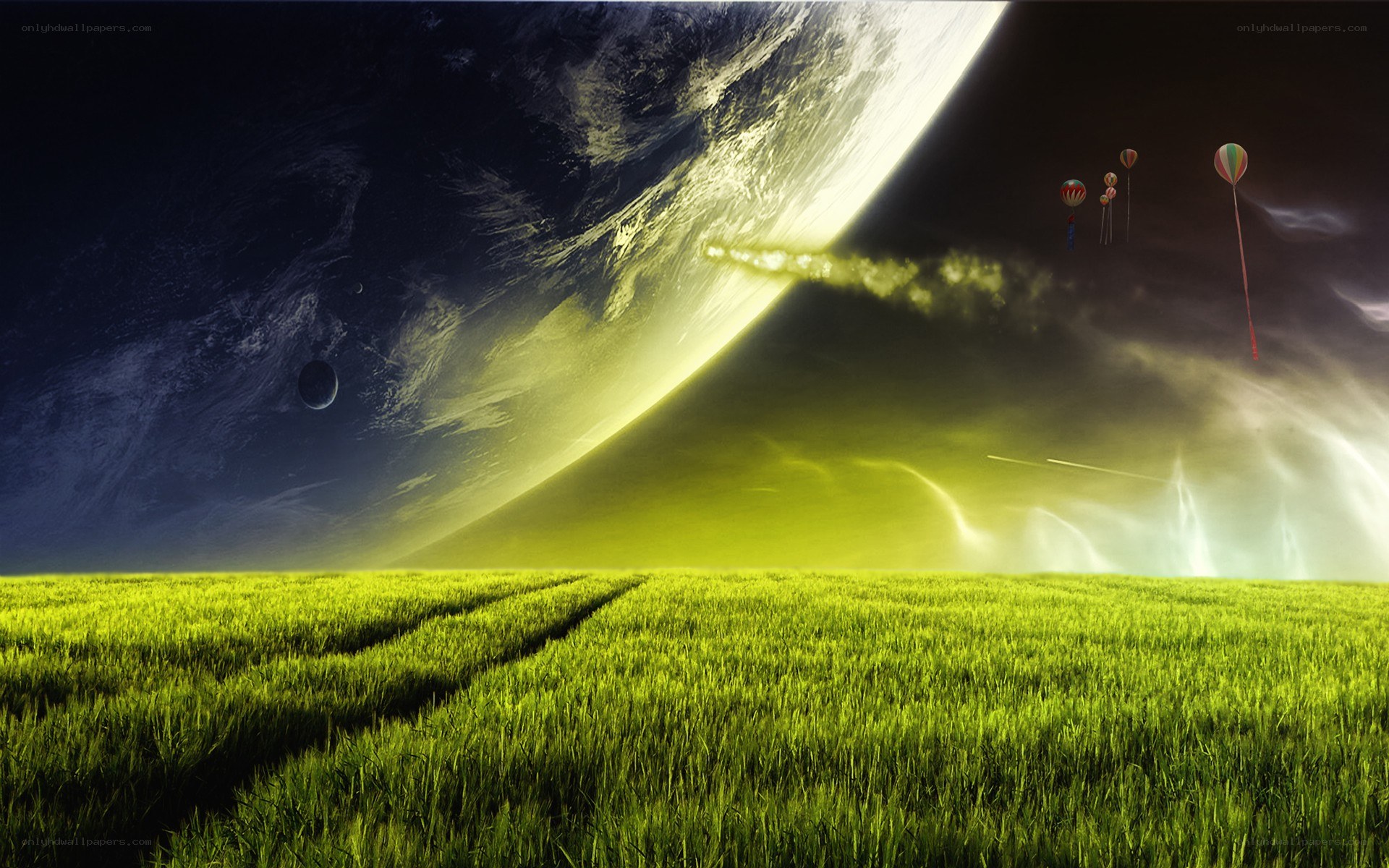 alien planet with hot air balloons