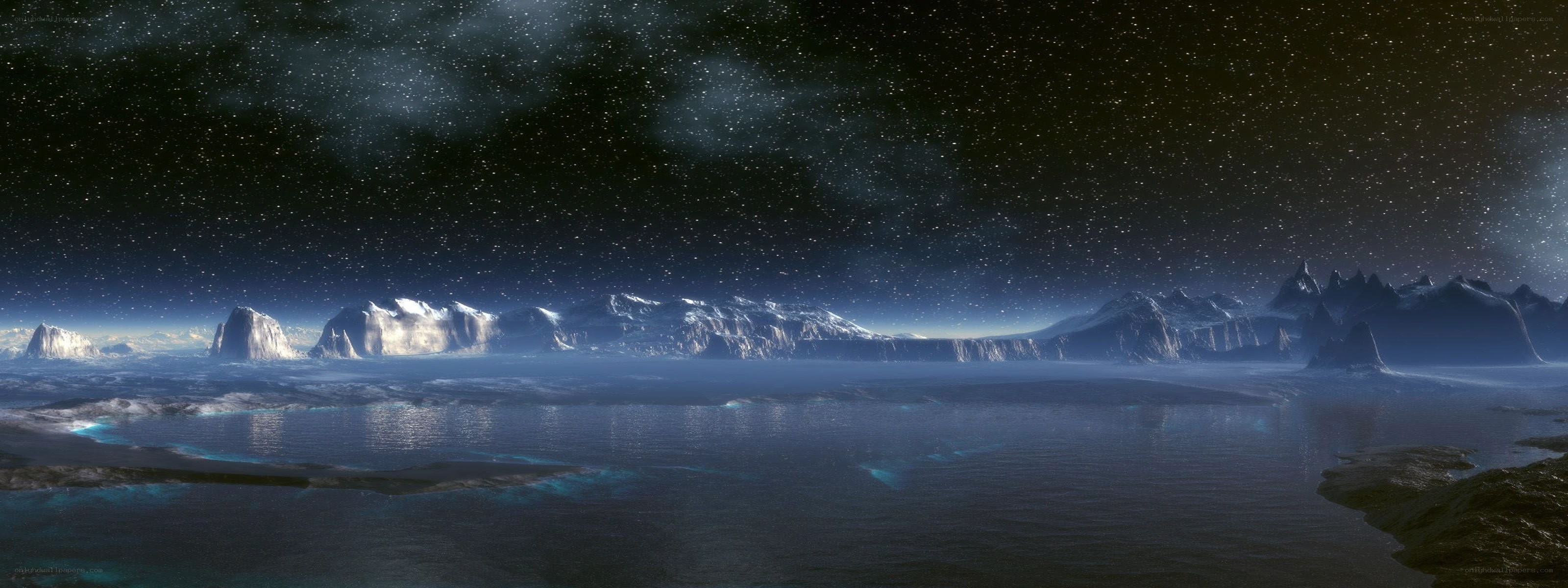 alien planet with icy mountains
