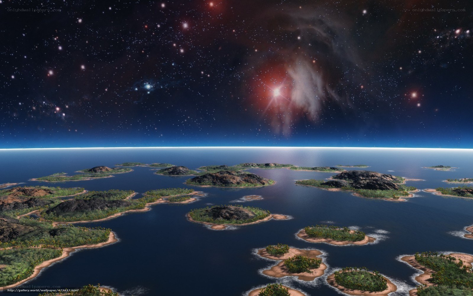 alien planet with islands and nebula