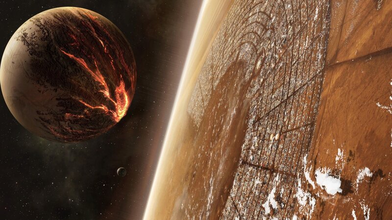 alien planet with lava flows