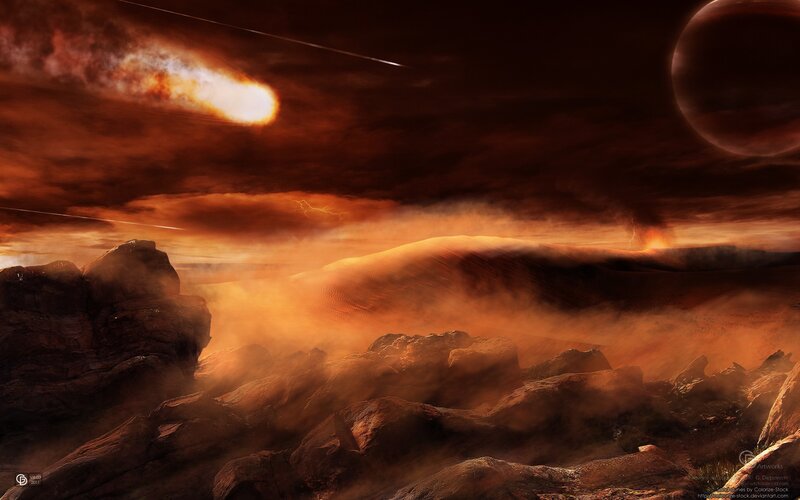 alien planet with meteor shower