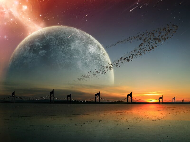Alien planet with meteor shower