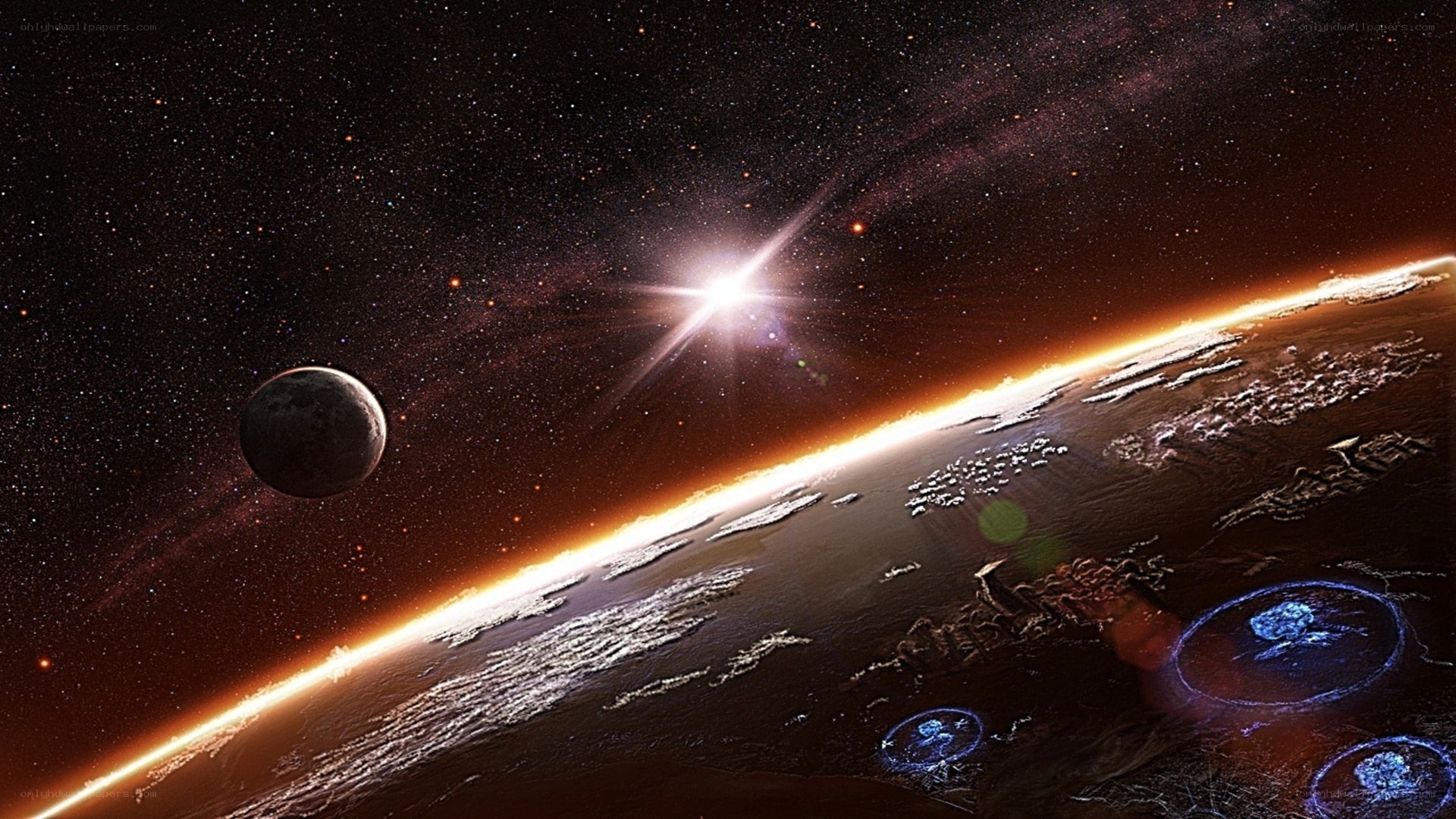 alien planet with moon and star