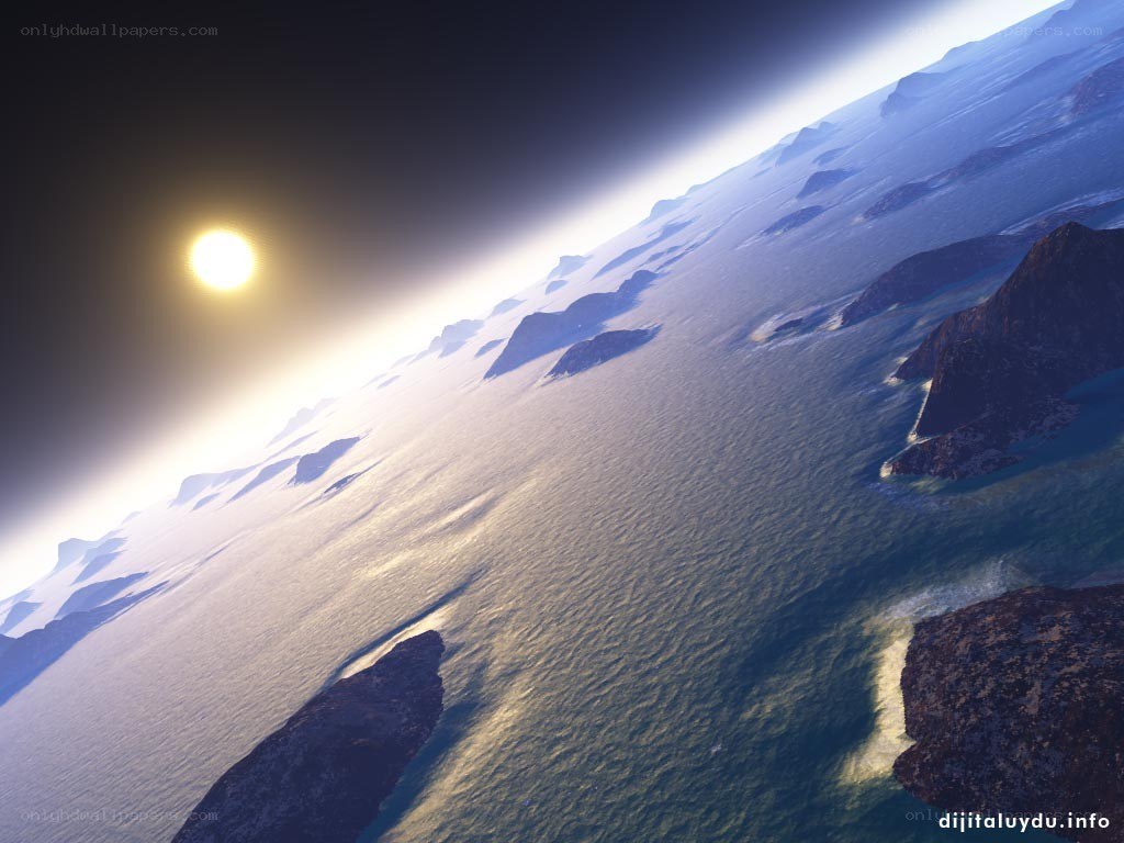 alien planet with ocean and sun
