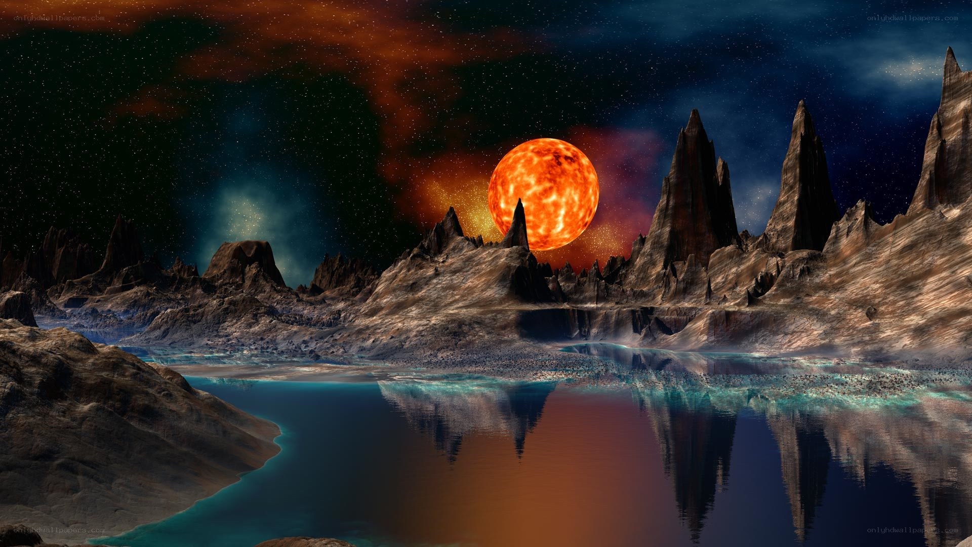 alien planet with red sun