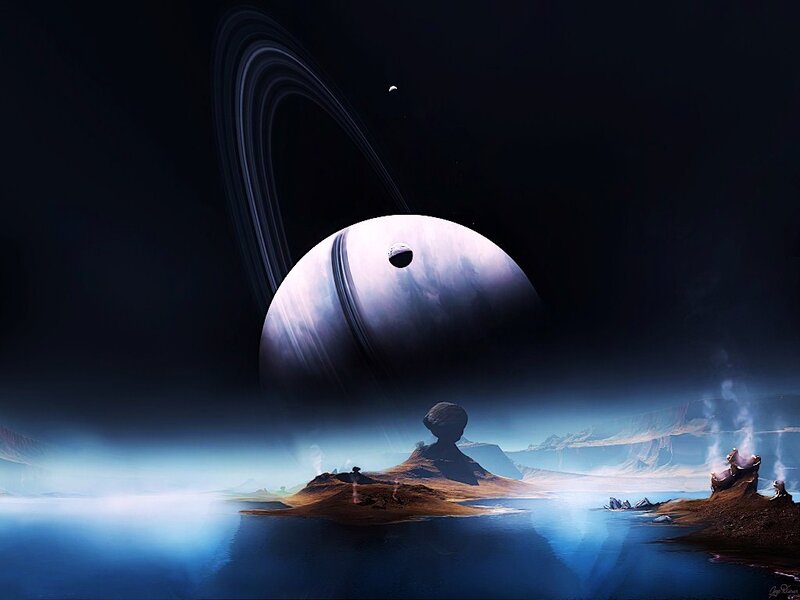 alien planet with ringed gas giant