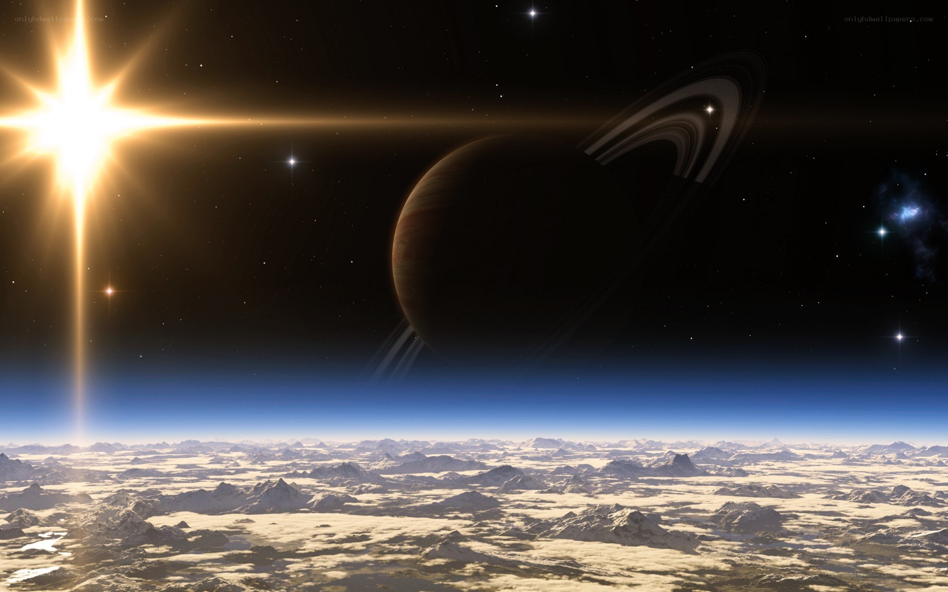 alien planet with ringed gas giant