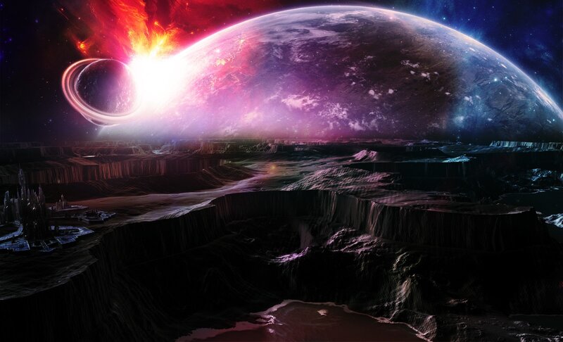 alien planet with ringed moon
