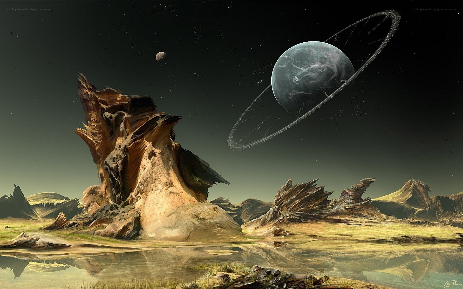 alien planet with ringed world