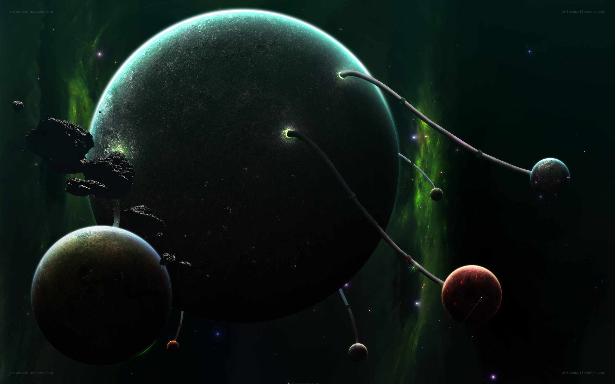 alien planet with rings and moons