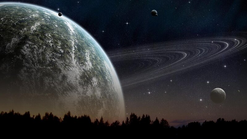 Alien Planet with Rings — Black, Dramatic, Night, Digital Art