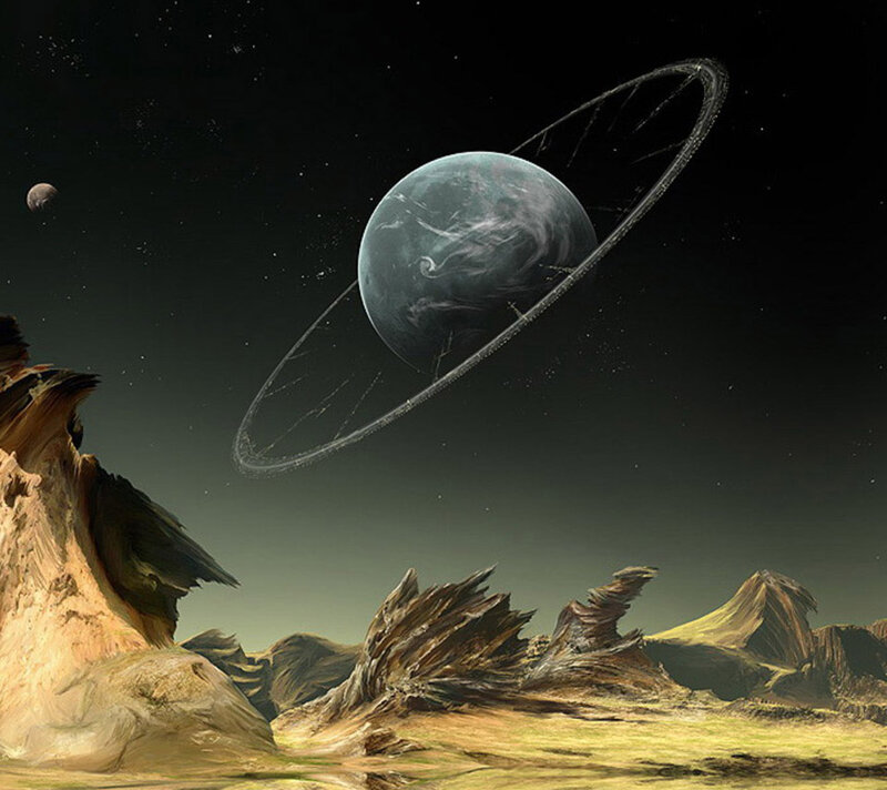 Alien Planet with Rings — Black, Dramatic, Night