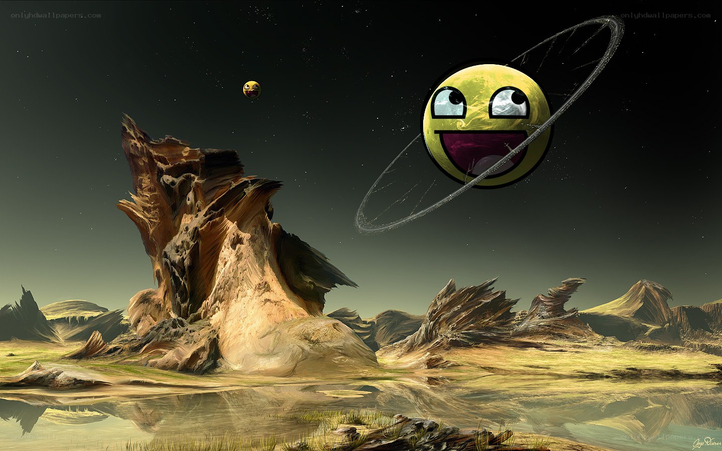 alien planet with smiley planets