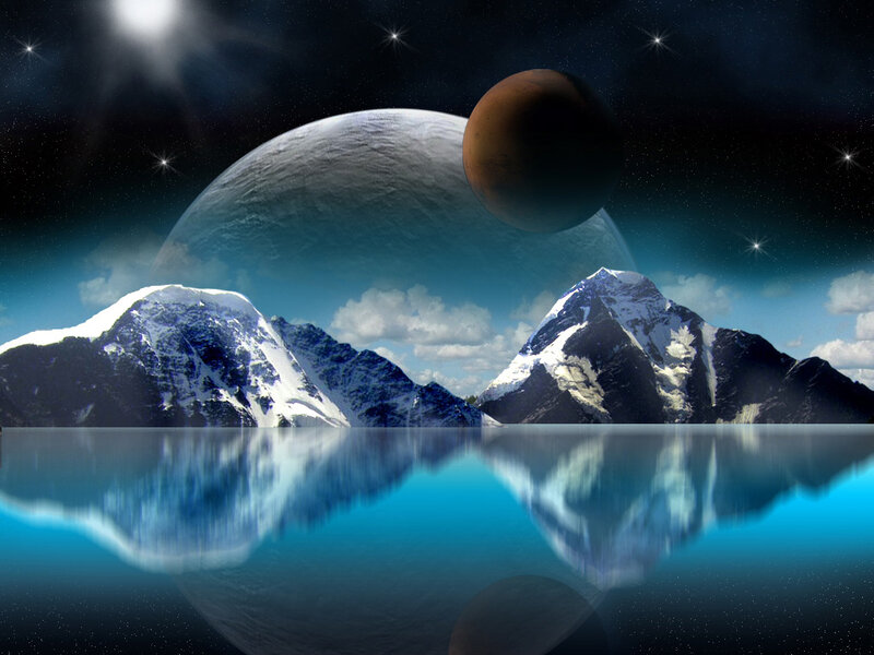 Alien planet with snow-capped mountains