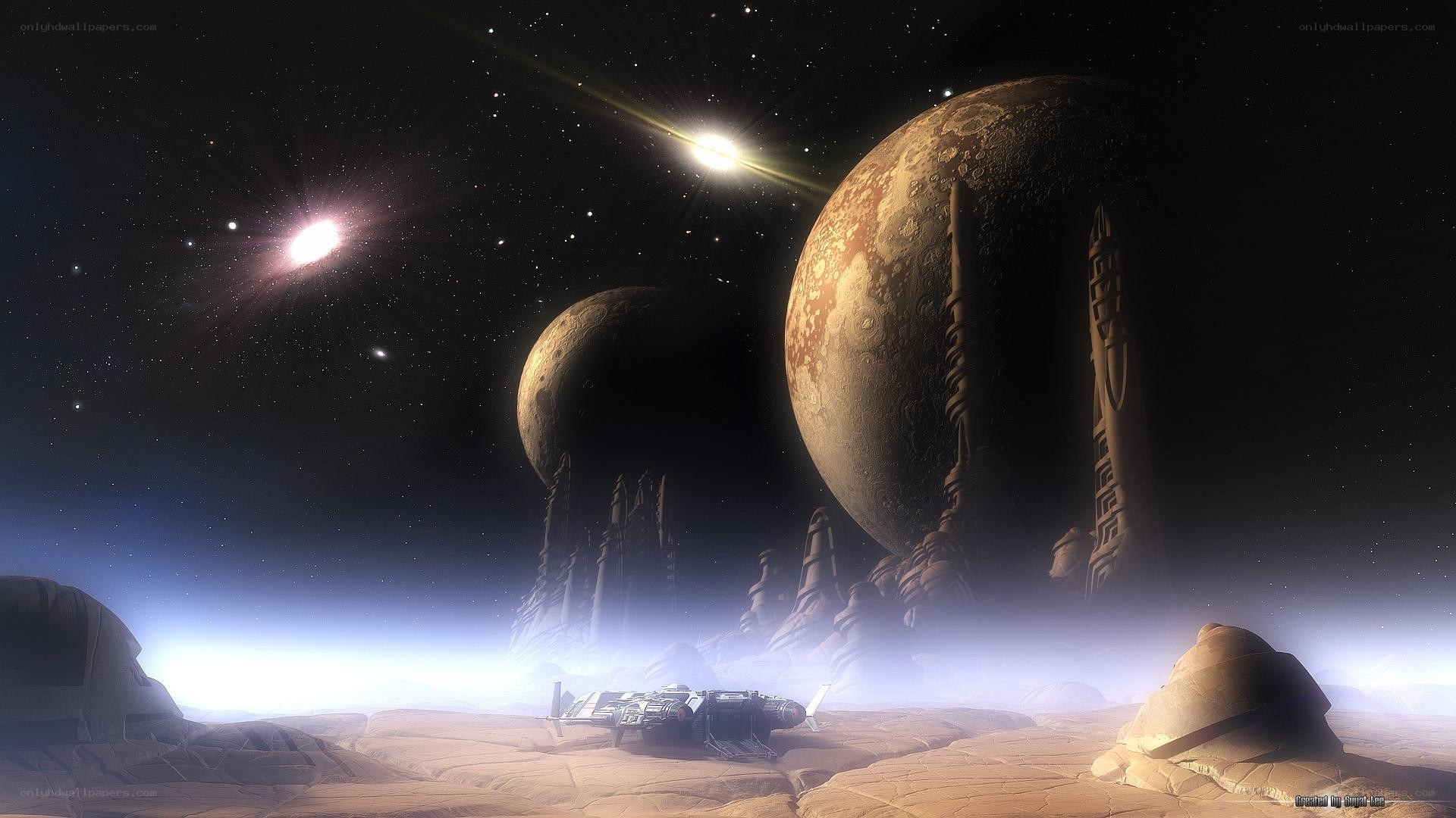 alien planet with spacecraft