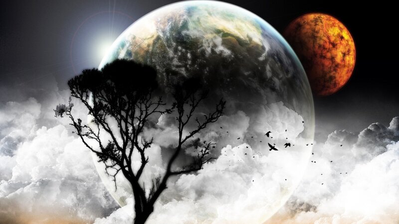 alien planet with tree silhouette