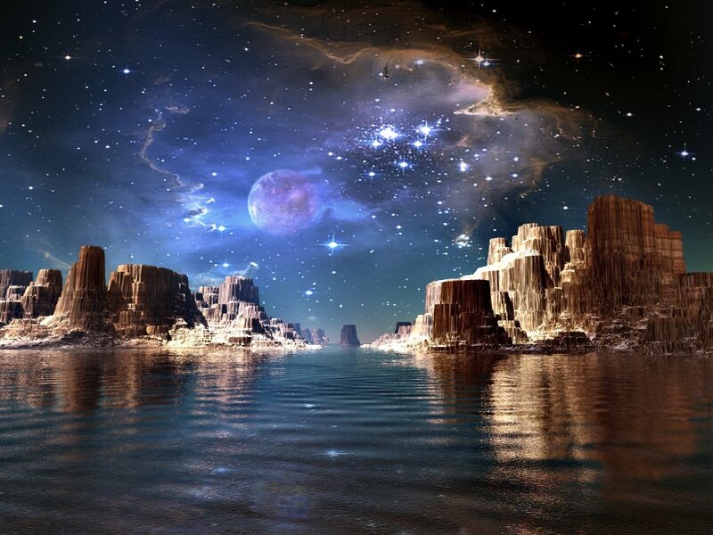 alien planet with water and stars