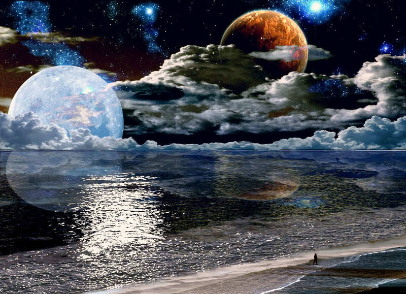 Alien planets over a beach