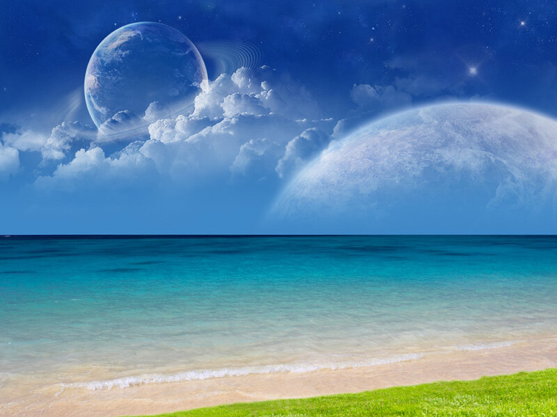 Alien Planets over Beach — Blue