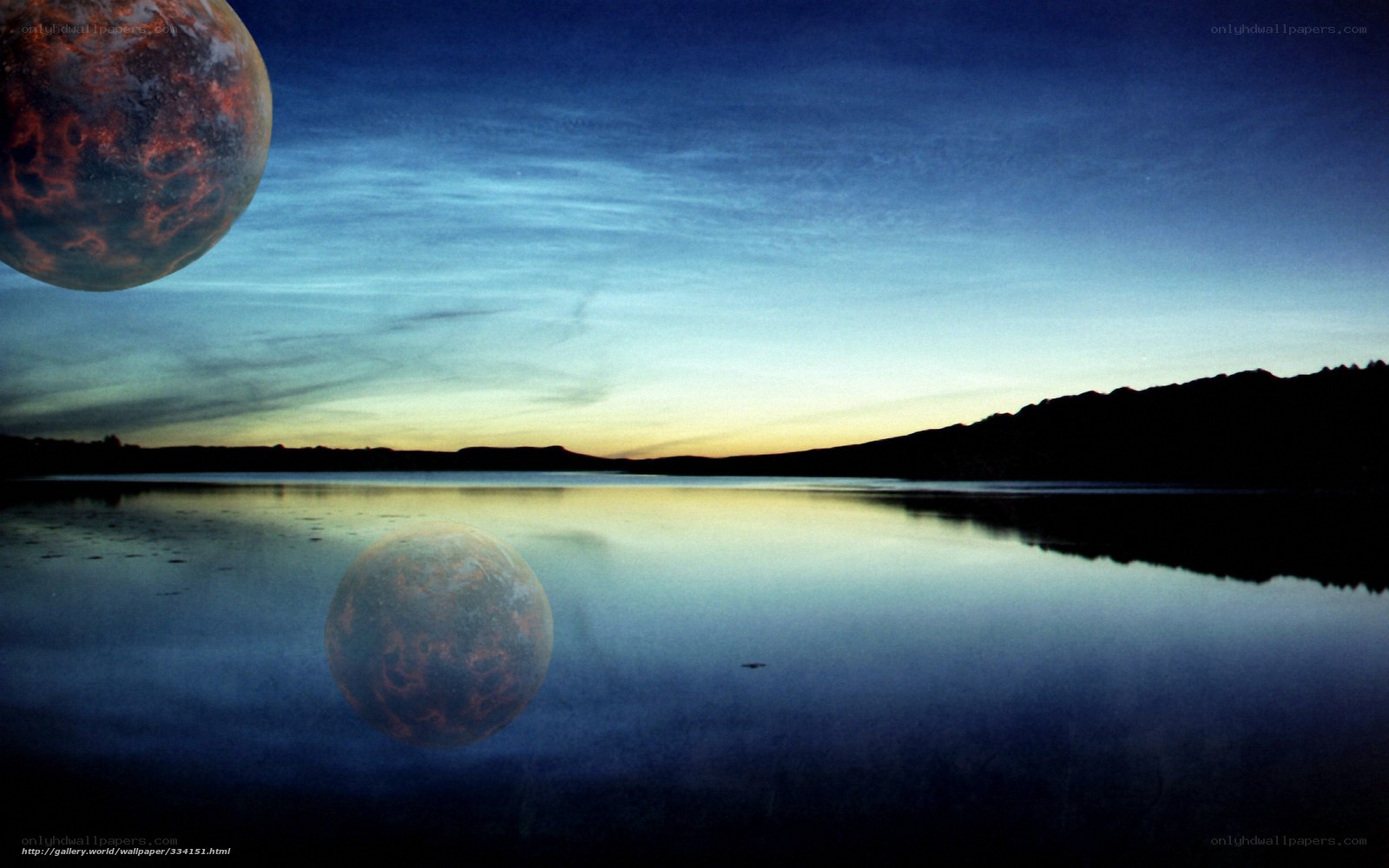 Alien planets over calm lake