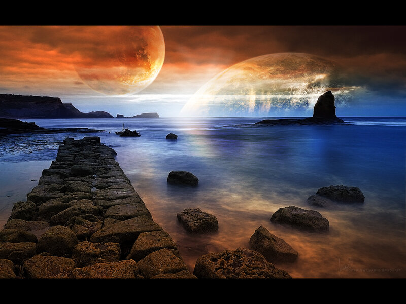 Alien planets over coastal scene