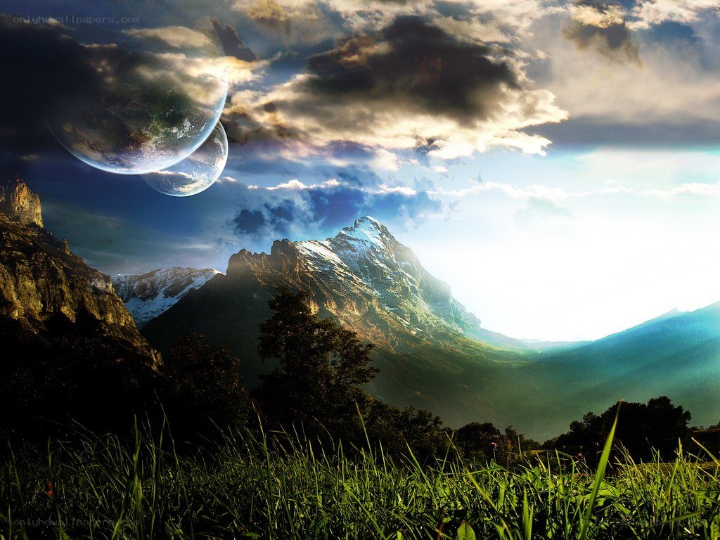 Alien planets over mountain landscape