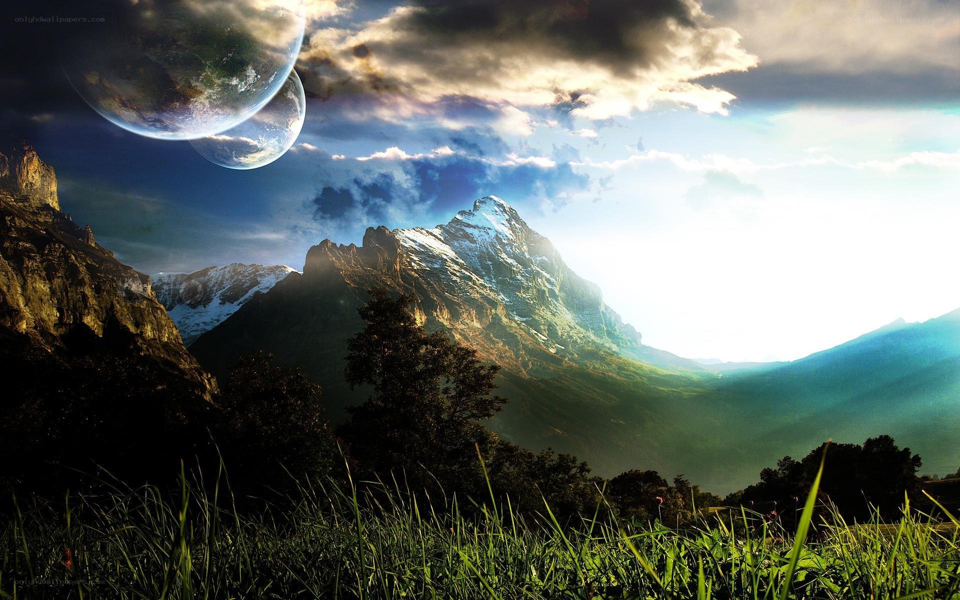 Alien planets over mountain landscape