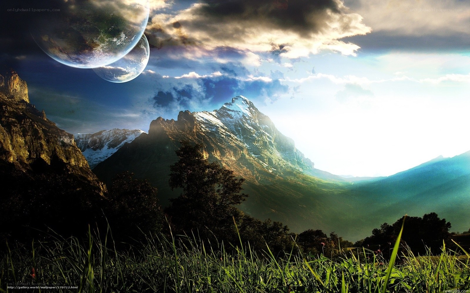 Alien planets over mountain landscape
