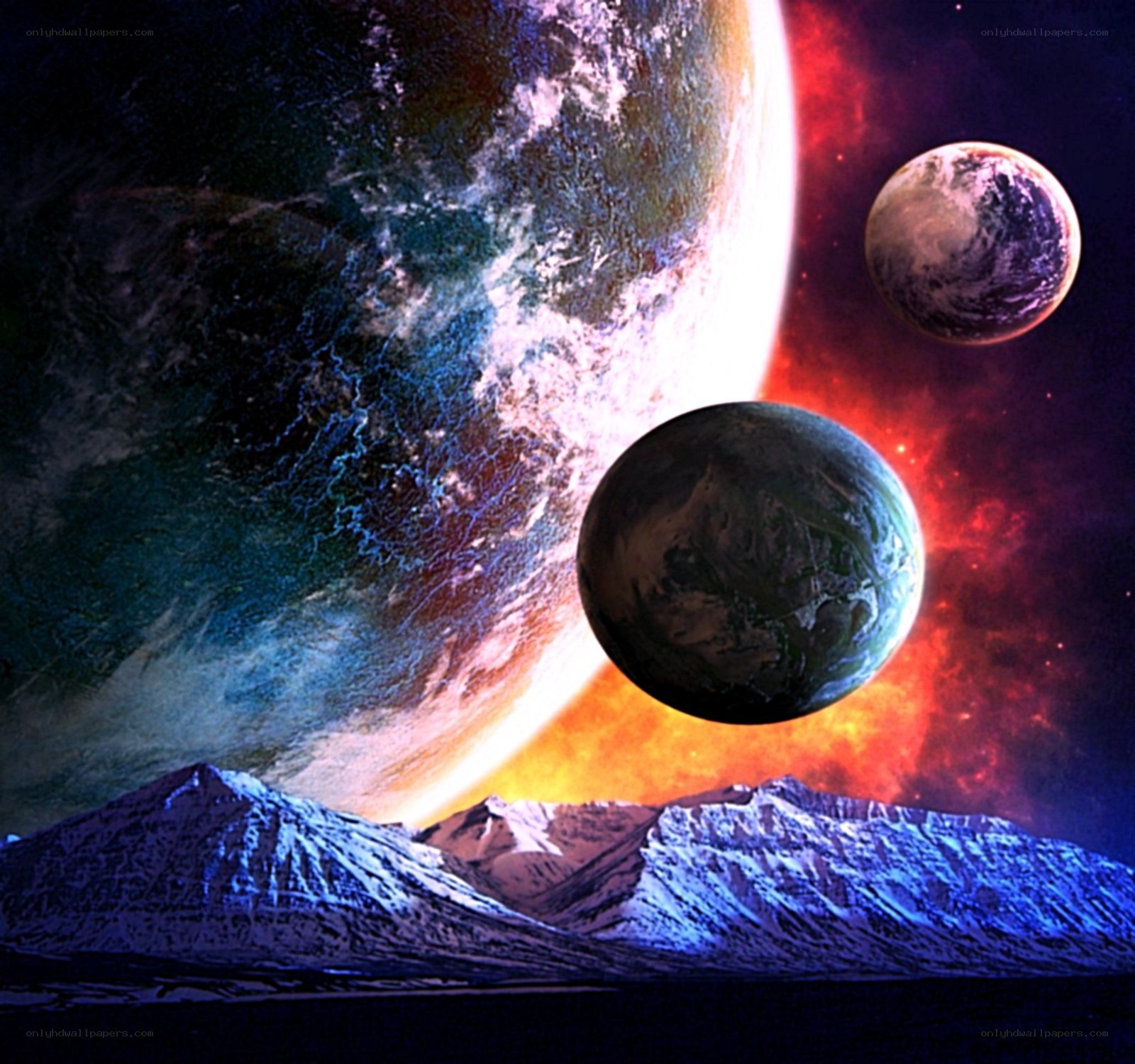 Alien planets over snowy mountains