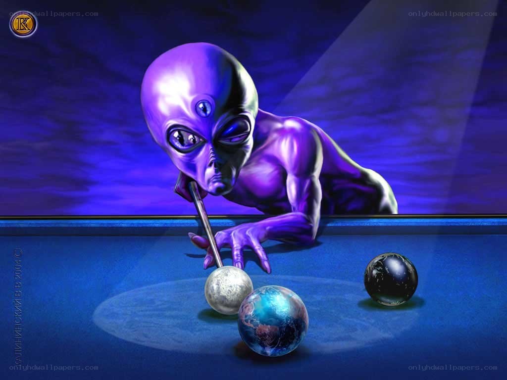 alien playing pool with planets