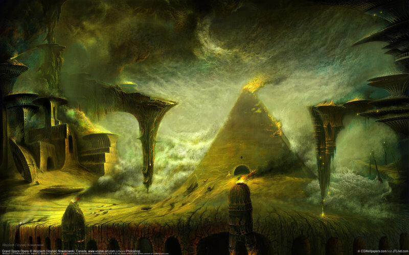 Alien Pyramid Landscape — Yellow, Dramatic, Digital Art, Clouds, Structures