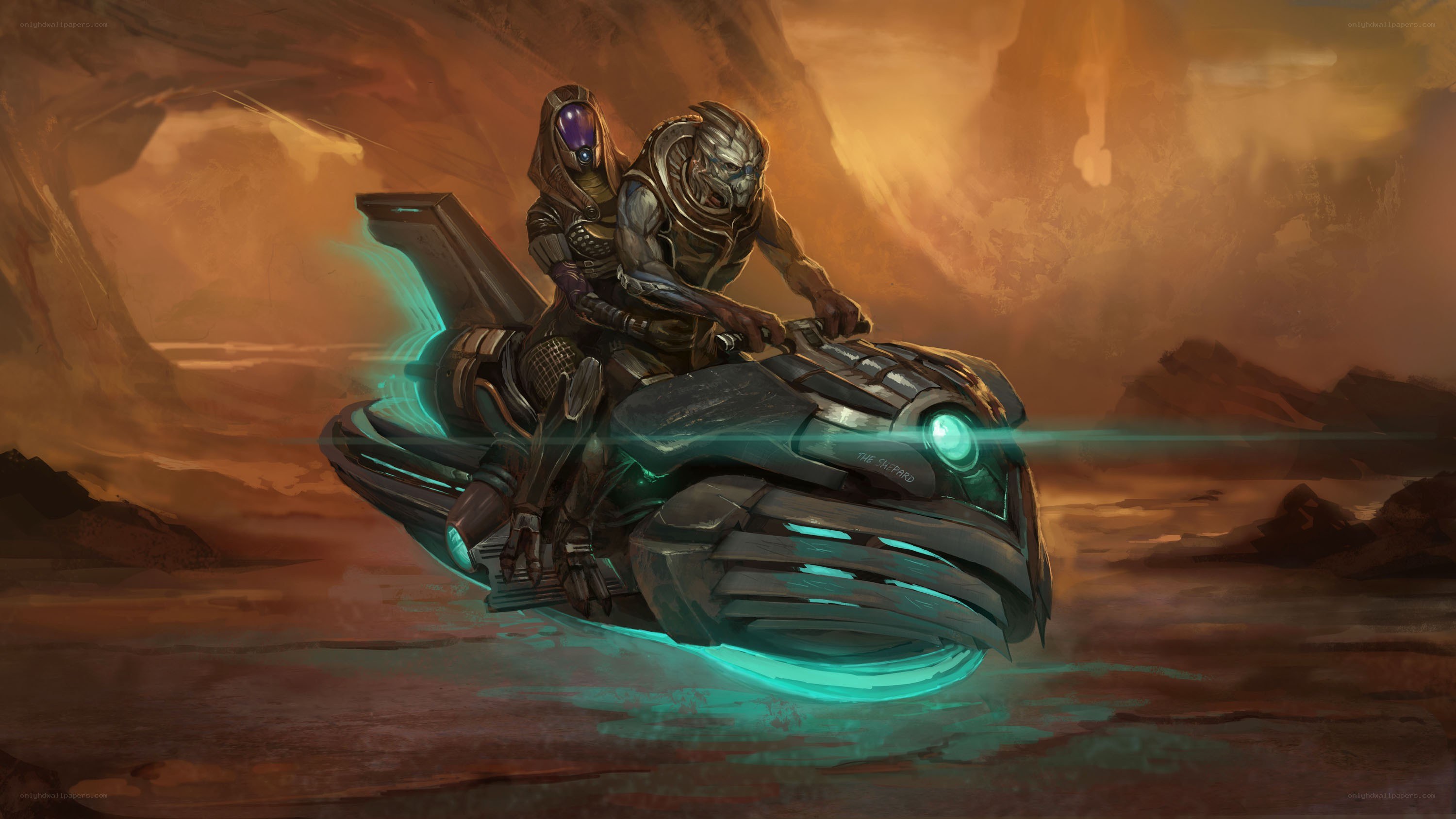 Alien riders on a hoverbike