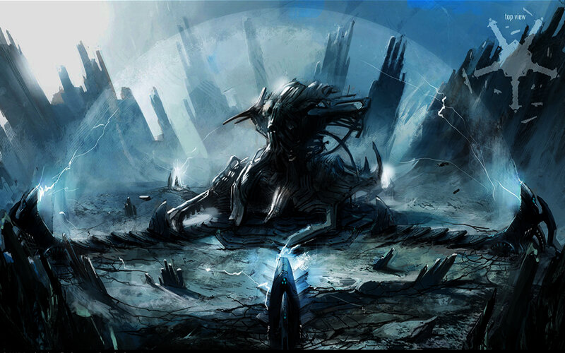 alien ruin with lightning