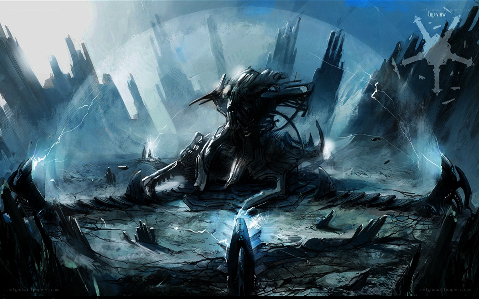 alien ruin with lightning