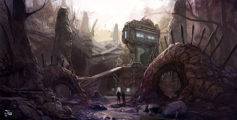 alien ruins in a forest