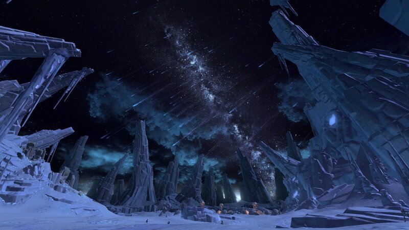 alien ruins under meteor shower