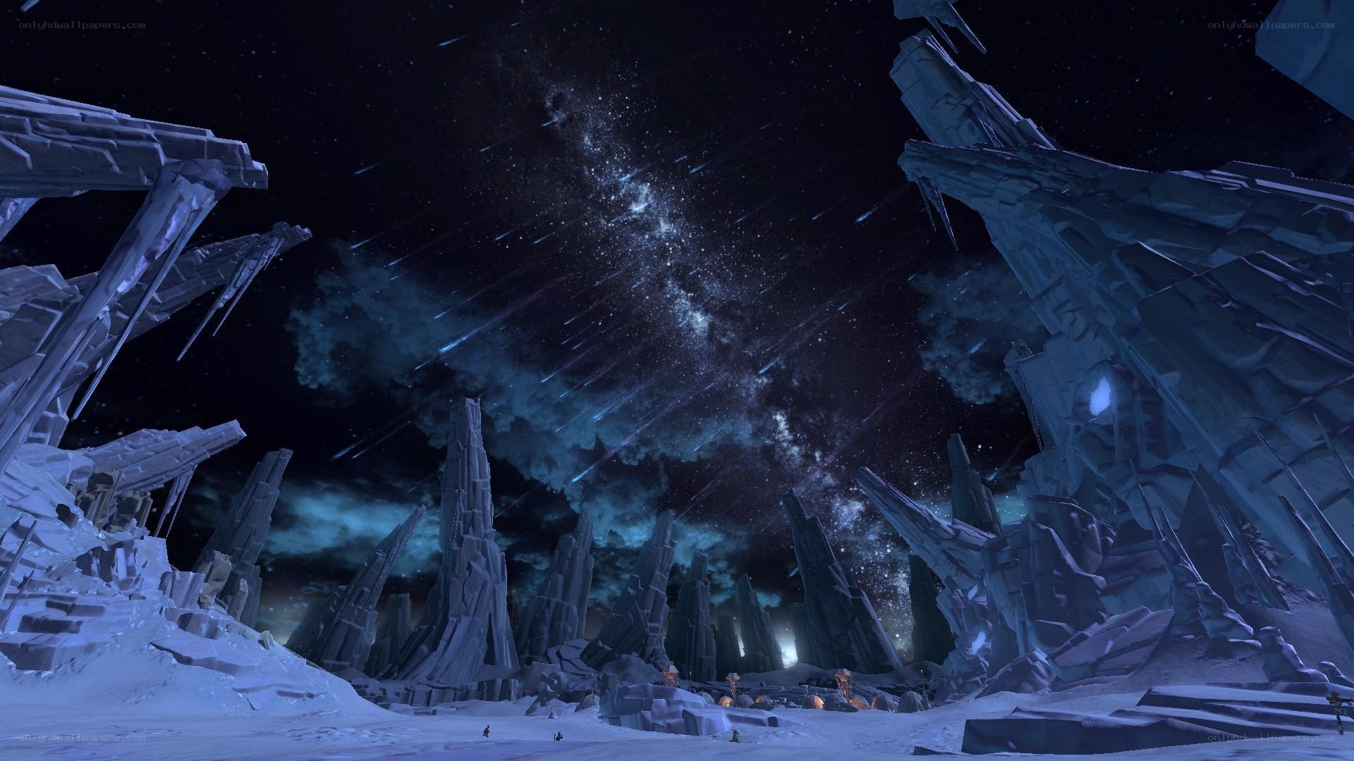 alien ruins under meteor shower