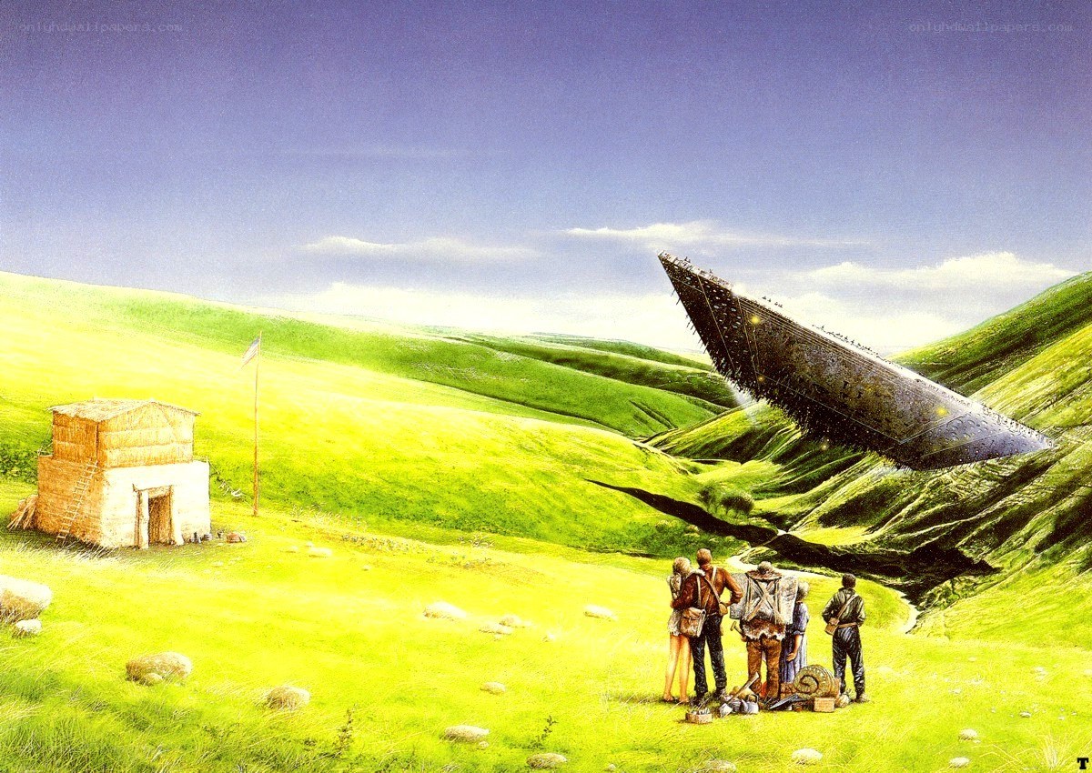 Alien ship in green hills