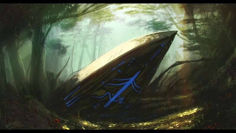alien ship in misty forest