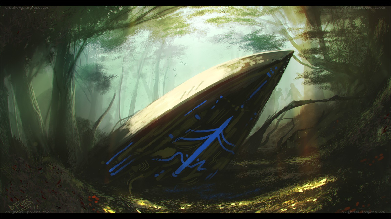 alien ship in misty forest