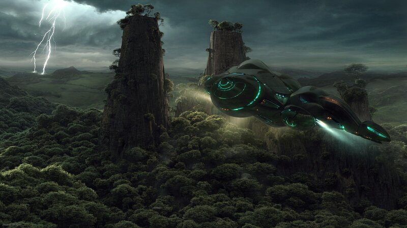 Alien ship over alien landscape
