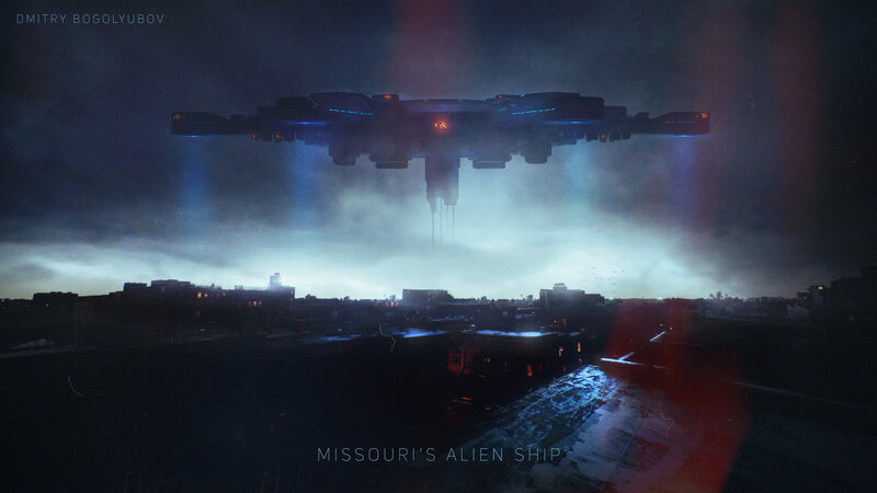 Alien Ship over City — Blue