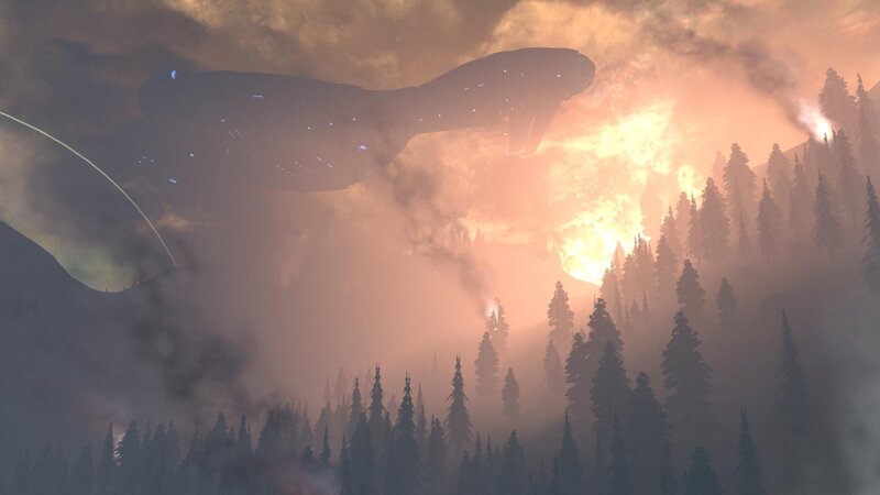 alien ship over forest fire
