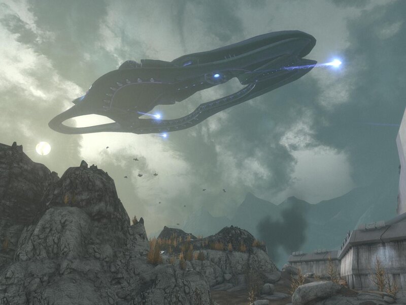 Alien ship over rocky terrain