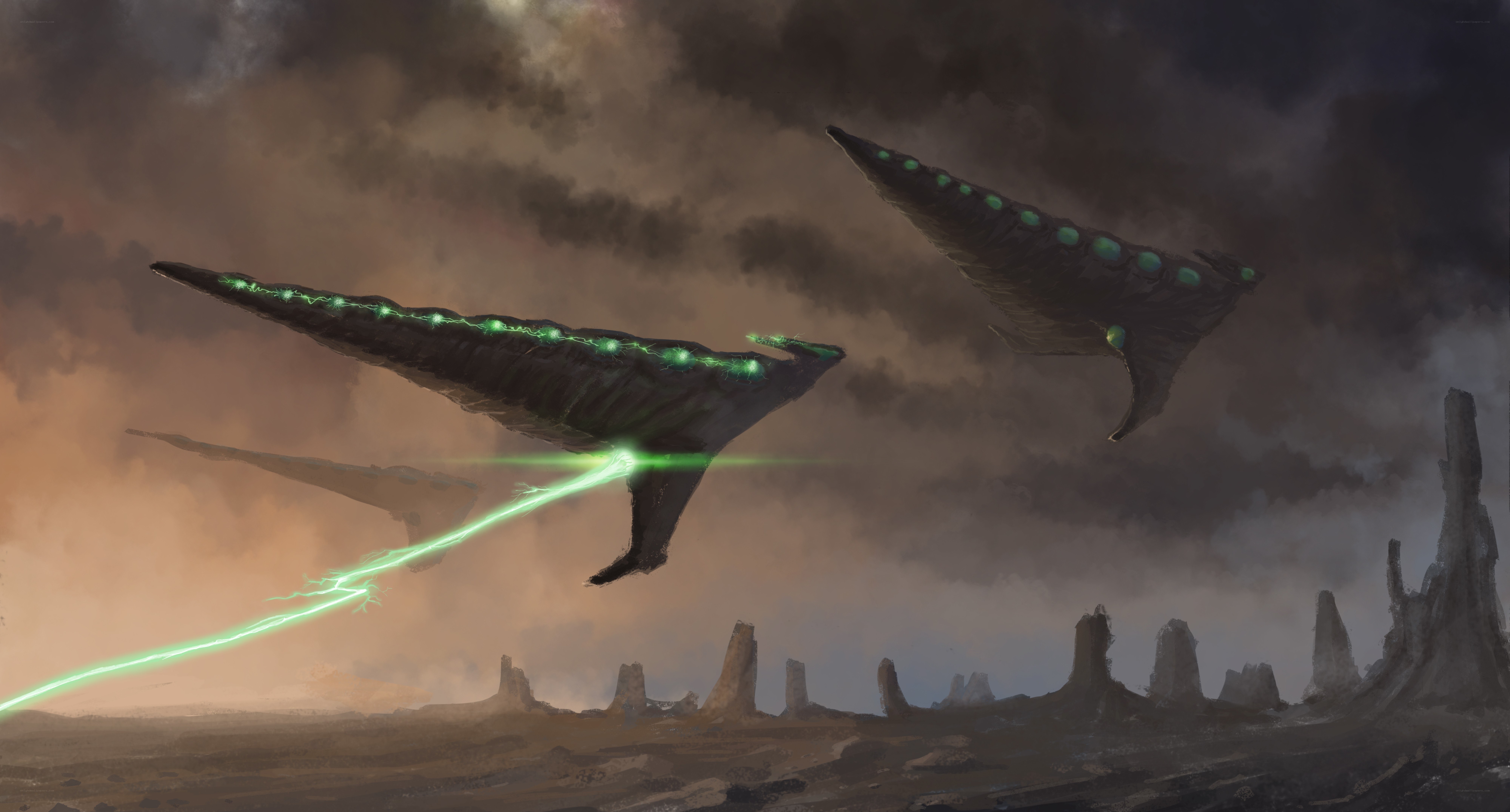 Alien ships in a desert sky